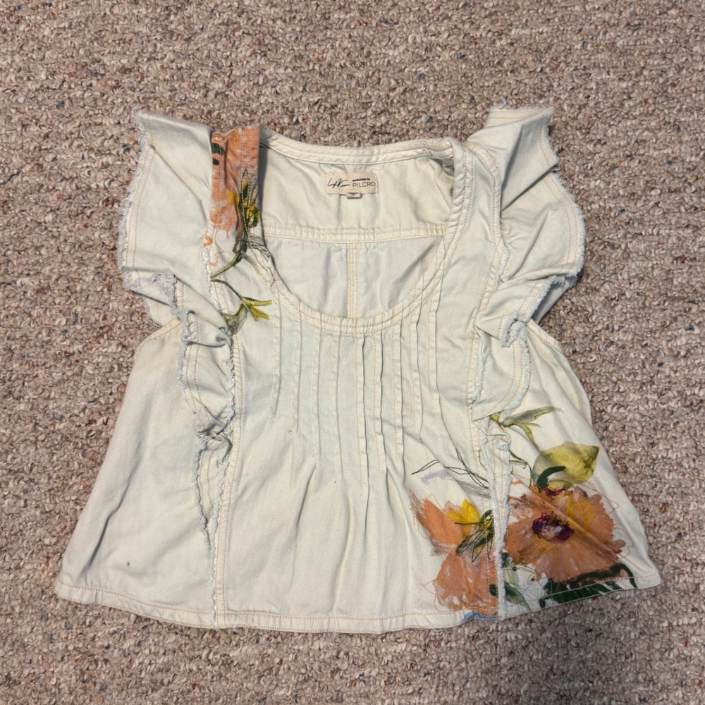 Pilcro and the Letterpress Anthropologie Floral Denim Pintuck Top Light Wash XS